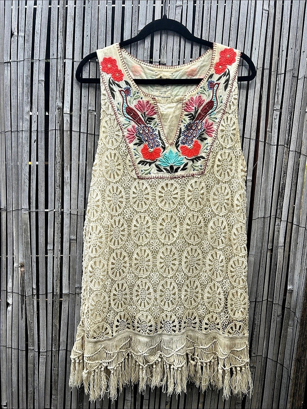 Mikoh Embroidered Lace Mini Dress in Cream & Red